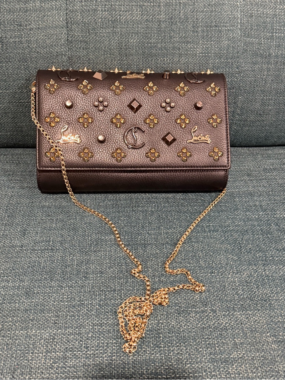 Christian Louboutin Black Leather Clutch with Gold and SilverStud Embellishments